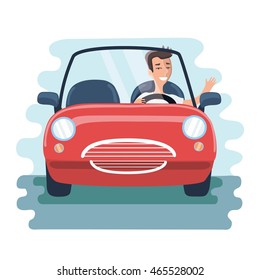 Vector Illustration Of Cartoon Che?reful Young Man Driving Red Car On The Road. Front View