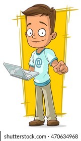 A vector illustration of cartoon young programmer with laptop