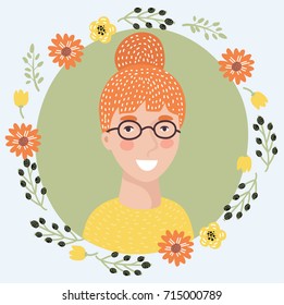 Vector illustration of cartoon young woman face icon. Pretty inteligent redhead girl on glasses. Female avatar portrait decorated with flowers