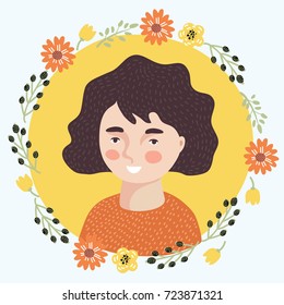 Vector illustration of cartoon young woman face icon. Pretty european girl. Female avatar portrait decorated with flowers. Natural beauty.