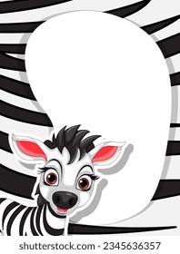 A vector illustration of a cartoon zebra with a patterned border
