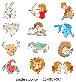 Vector Illustration of Cartoon Zodiac Signs isolated on a White Background