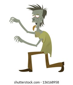 Vector illustration of a cartoon zombie with a broken jaw, hanging tongue and ragged clothing, wearing an earring isolated on white for your Halloween concept