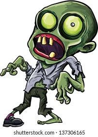 Vector illustration of a cartoon zombie with a grotesque green eye, cracked skull and ragged clothing isolated on white for your Halloween concept