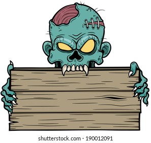 Vector illustration of Cartoon zombie holding wooden sign