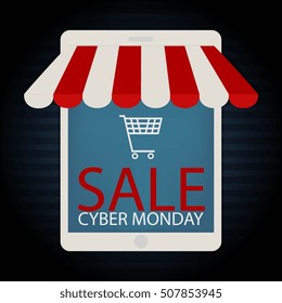 vector illustration with cartooned mobile phone with store graphic design for online shopping concept. cyber monday sale.