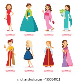 Vector illustration cartoon,girls in the world's traditional costumes: China cheongsam, Korea hanbok, Japan kimono, Vietnam ao dai, Thailand phasin, Germany dirndl, Russia sarafan, India sari.