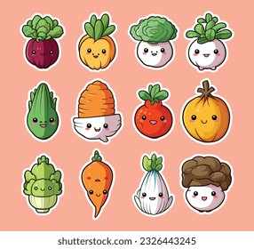 Vector illustration of cartoonish sticker set featuring different types of vegetables
