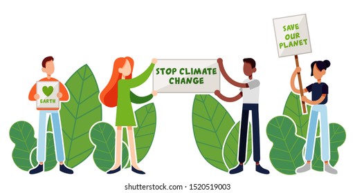 Vector illustration in cartoonish style with four people holding signs and posters about ecology and with leaves on the backgound.