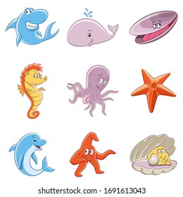 Vector Illustration of Cartoons of Sea Animals with Colorful Outlines