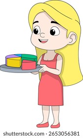 Vector illustration of a cartoon-style blonde businesswoman in a pink dress holding a 3D pie chart on a tray