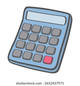 Vector illustration of a cartoon-style calculator with grey buttons and blue body. Perfect for finance, accounting, education, budgeting, school materials, office supplies, and business apps.