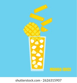 Vector illustration of a cartoon-style drink, Mango juice, fruit juice, ice in a tall glass. Bright and fun modern style. It is used in drink menu design, advertisement, food, and health websites. 
