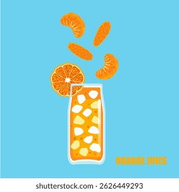 Vector illustration of a cartoon-style drink, orange juice, fruit juice, ice in a tall glass. Bright and fun modern style. It is used in drink menu design, advertisement, or food and health websites. 