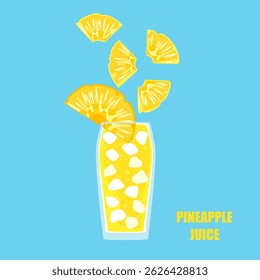 Vector illustration of a cartoon-style drink, Pineapple Juice, fruit juice, ice in a tall glass. Bright and fun modern style. It is used in drink menu design, advertisement, food, and health websites.