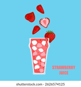 Vector illustration of a cartoon-style drink, Strawberry juice, fruit juice, ice in a tall glass. Bright and fun modern style. It is used in drink menu design, advertisement, food, and health websites