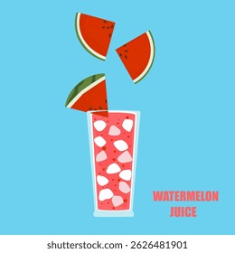 Vector illustration of a cartoon-style drink, watermelon juice, fruit juice, ice in a tall glass. Bright and fun modern style. It is used in drink menu design, advertisement, food, and health websites