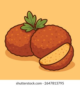 Ilustração vetorial de cutlets fritos estilo cartoon com salsa e um fatiado. Ideal para design de alimentos, menus e visuais de restaurante.

