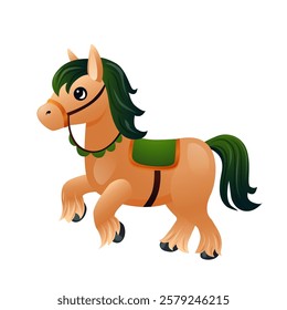 A vector illustration of a cartoon-style Irish horse with a green saddle, flowing dark green mane and tail, and festive decorations. This charming design is perfect for St. Patrick s Day celebrations