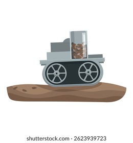 Vector illustration of a cartoonstyle mining cart full of rocks on wooden rails