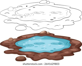 Vector illustration of a cartoon-style mud puddle with rocks, featuring both colored and outline versions for versatile use