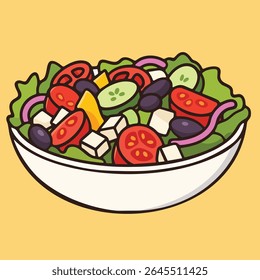 Vector illustration of a cartoon-style salad bowl with lettuce, tomato, cucumber, cheese, olives, and onion. Ideal for healthy food and nutrition-related designs.

