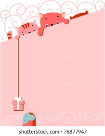 Vector illustration of cartoon-style - three kittens with a gift for the mouse and blank sign for your message