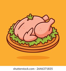 Ilustração vetorial de um frango inteiro cru estilo desenho animado em um prato com alface. Perfeito para talhos, cozinhar e projetos de embalagens de alimentos.

