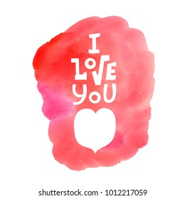 Vector illustration: a cartoony hand drawn unique typography slogan and heart shape on purple watercolor blop for decoration, prints and posters  for Valentine's Day isolated on white background .