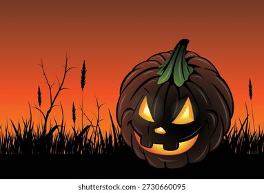 Ilustração vetorial de um jack-o'-lantern esculpido em um cenário assustador com tema de Halloween com tons laranja vibrante e preto. A imagem captura o espírito clássico de Halloween, inspirado pela lenda irlandesa de "Stingy Jack" e a evolução da escultura de abóbora como uma tradição divertida e festiva. Perfeito para decorações de Halloween, cartazes, convites para festas e desenhos sazonais.