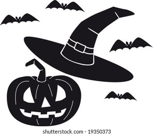 Vector illustration of a carved pumpkin, bats, and a witch hat. Symbols of Halloween