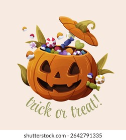 Vector illustration of a carved pumpkin full of colorful candies with "trick or treat!" text. Fun Halloween design on a light beige background, perfect for festive decor and greeting cards