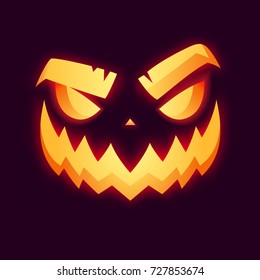 Vector illustration of carved pumpkin glowing in the dark. Jack Lantern character for Halloween theme party invitations and cards. Transparencies, blends and meshes