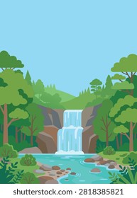 Vector illustration of a cascading waterfall surrounded by dense green trees, rocks, and a clear stream under a bright blue sky in nature.