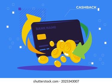 Vector Illustration Of Cash Back, Bank Card With Gold Coins, Money Refund For Purchases By Bank Card