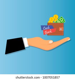vector illustration of cash back wallet with golden coins. cashback or money refund label. Design or idea for cashback