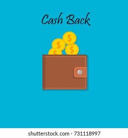 vector illustration of cash back wallet with golden coins. cash back design. Label for money refund