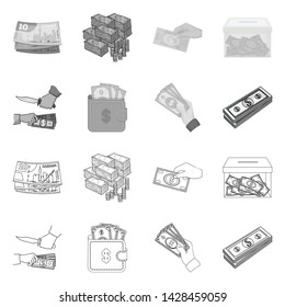 Vector illustration of cash and currency symbol. Set of cash and stack vector icon for stock.