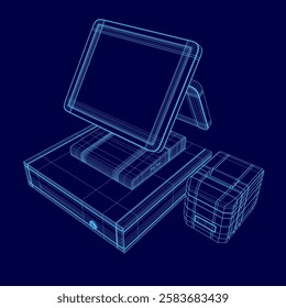 Vector illustration of cash register with fiscal printer made of blue lines