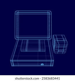 Vector illustration of cash register with fiscal printer made of blue lines