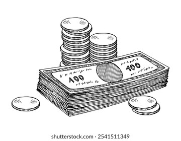 Ilustración vectorial de un fajo de efectivo con billetes de dólar apilados. Este Clipart dibujado a mano muestra billetes y monedas en un estilo vintage. Esquema limpio y grabado de la línea de dinero ilustración de arte