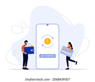 Vector Illustration, Cashback concept. Saving money. Money refund. Pile coins and phone with button get started the cashback. 
