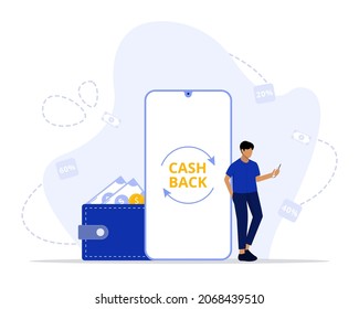 Vector Illustration, Cashback concept. Saving money. Money refund. Pile coins and phone with button get started the cashback. 
