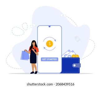 Vector Illustration, Cashback concept. Saving money. Money refund. Pile coins and phone with button get started the cashback. 
