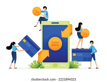 Vector illustration of Cashback earned for connecting credit cards with digital financial transactions apps. Can be used for landing pages, web, websites, mobile apps, posters, ads, flyers, banners