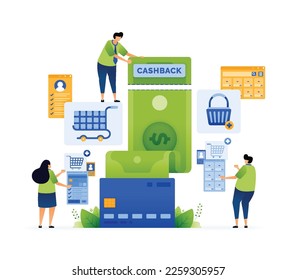 Vector illustration of Cashback Rewards in Your Shopping Experience. Get More Cashback. Benefits of Credit Card Cashback Programs. Can use for ad, poster, campaign, website, apps, social media