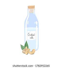 Vector illustration of a cashew milk bottle. Vegetable milk from nuts. Lactose-free milk. Vegan milk. Cashew.