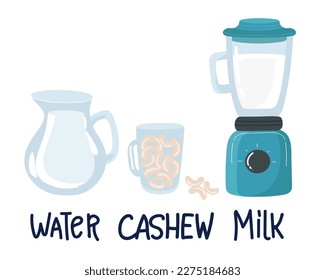 Vector illustration of a cashew milk bottle. Vegetable milk from nuts. Lactose-free milk. Vegan milk. Cashew