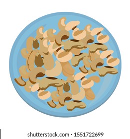 Vector illustration of cashew nuts, peanuts, beans in a blue plate. Roasted salty snacks with drinks and beer in the bar. Watercolor isolated on white background walnut kernels. Eco food vegetarianism