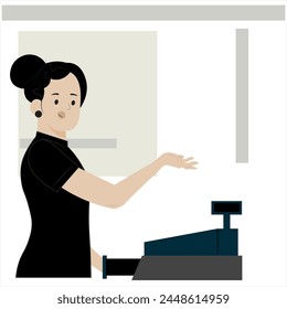 Vektorillustration einer Kassiererin an einem Geldautomaten in einem Geschäft